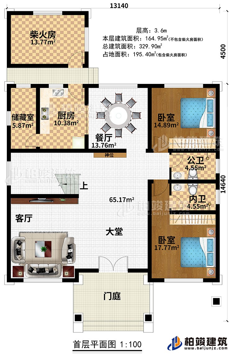 一层：门庭、大堂、客厅、餐厅、厨房、储藏室、柴火房、2卧室、公卫、内卫
